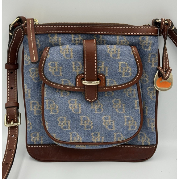 Dooney & Bourke Denim Monogram Letter Carrier Crossbody Brown Leather Trim Bag - Picture 1 of 11